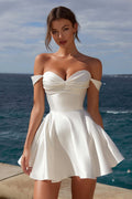 Off the Shoulder Satin A Line Mini White Graduation Dress
