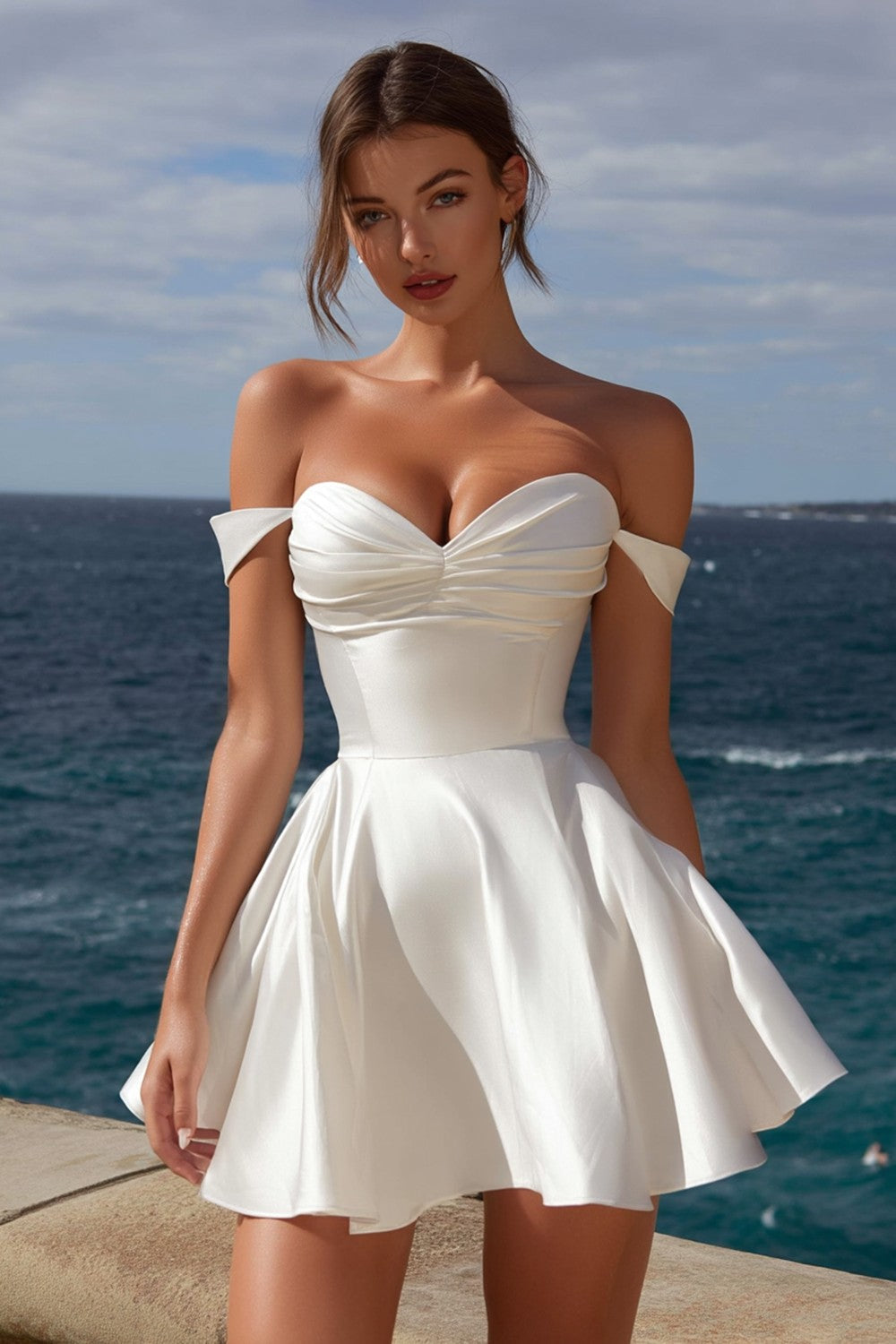 Off the Shoulder Satin A Line Mini White Graduation Dress