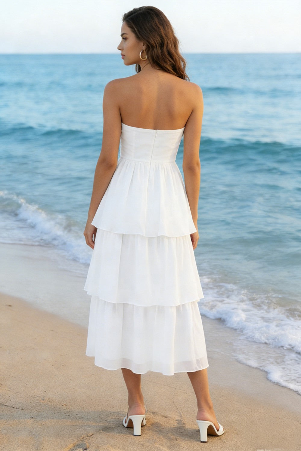 Tiered Strapless White Midi Engagement Dress