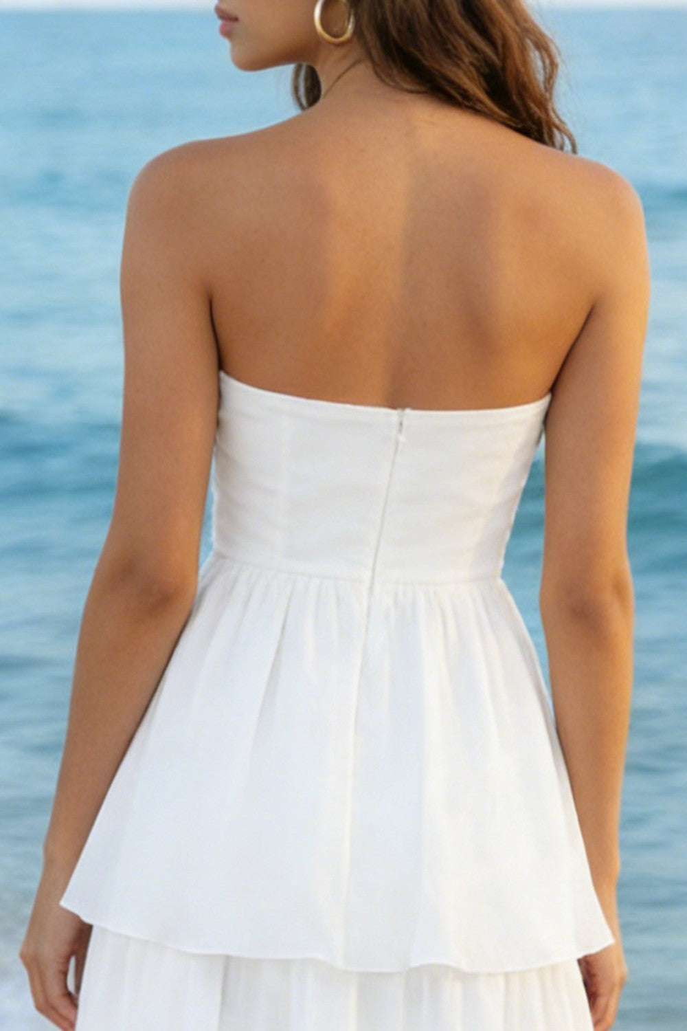 Tiered Strapless White Midi Engagement Dress
