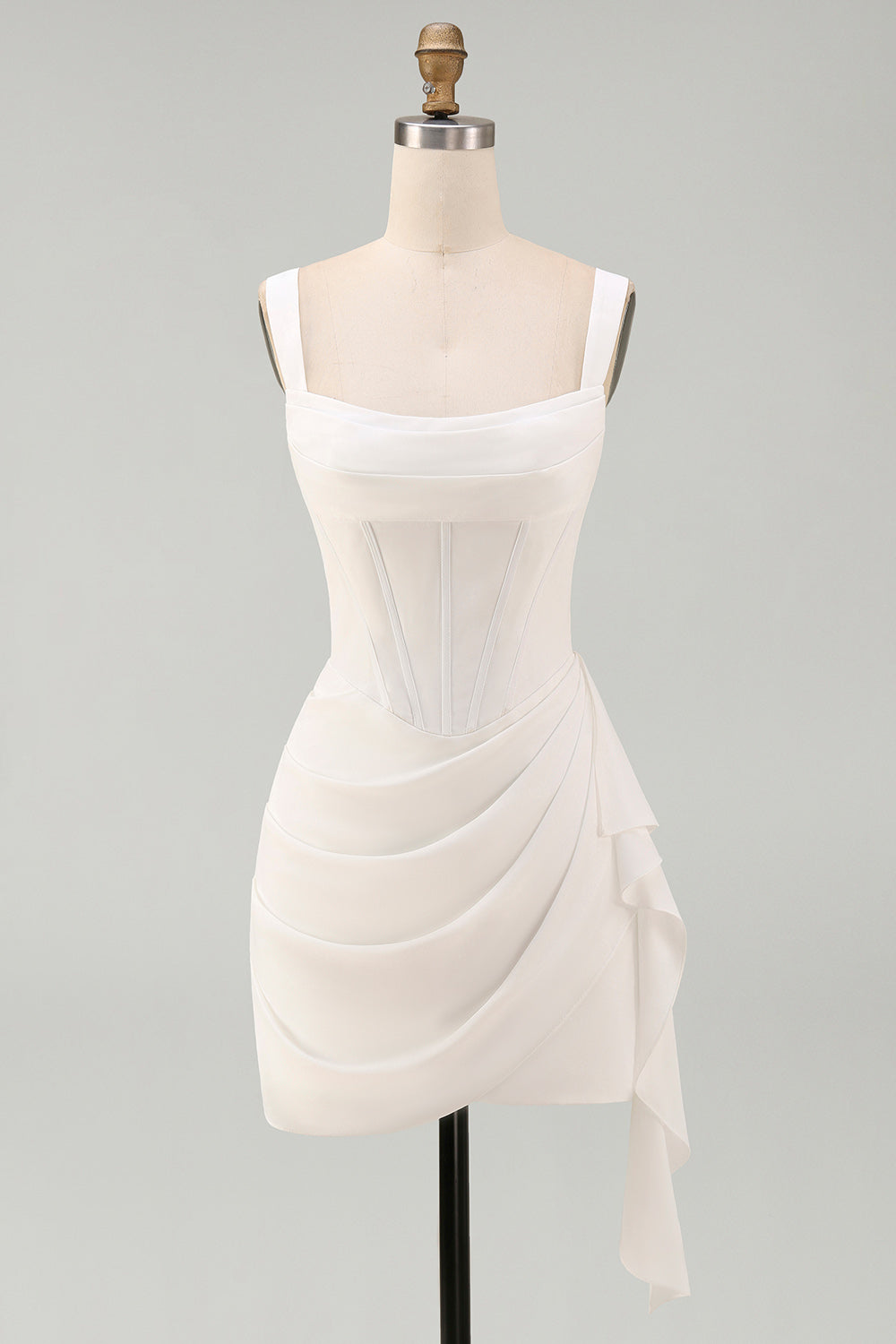 Square Neck Bodycon Mini White Dress with Ruffles