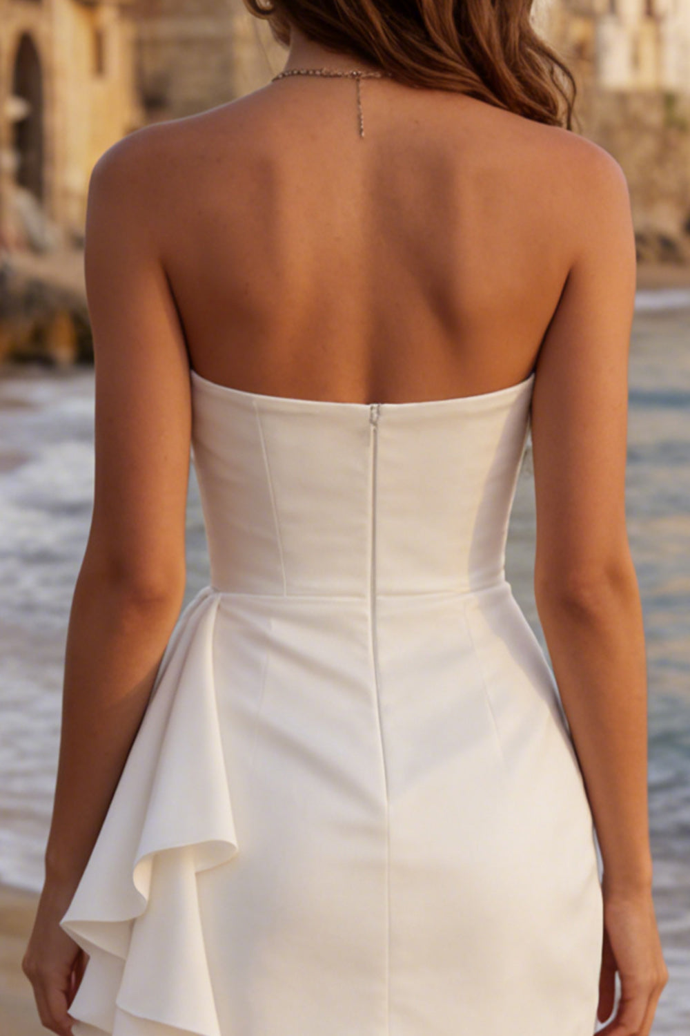 Strapless Ruched Mini White Dress with Ruffles
