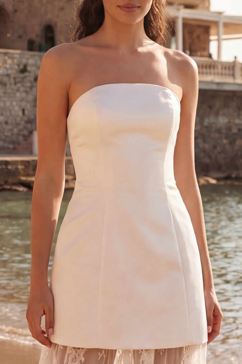 Strapless A Line Lace Maxi White Dress