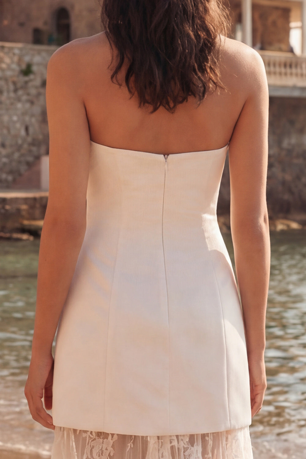 Strapless A Line Lace Maxi White Dress