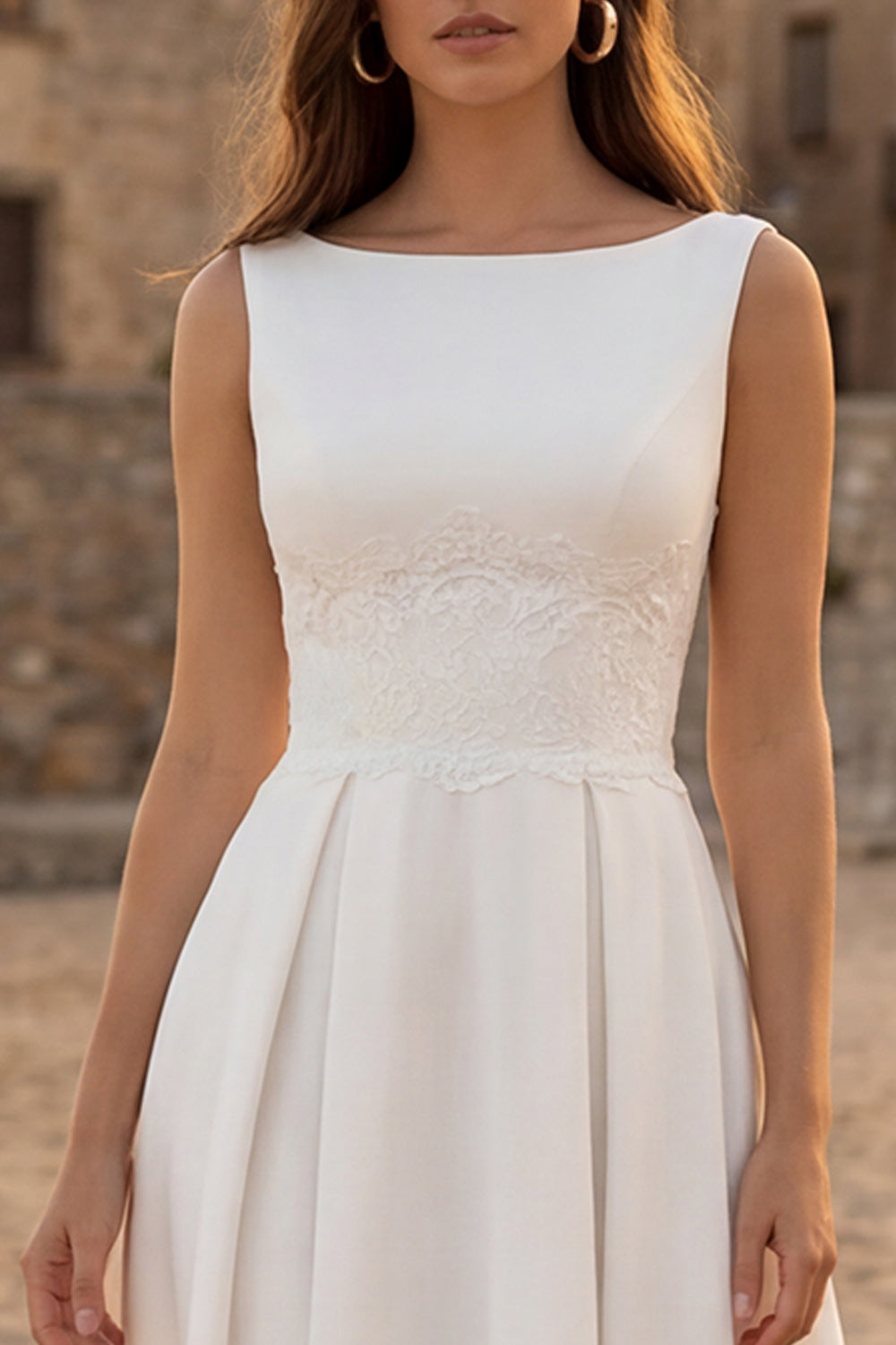 Bateau Neck A Line Midi White Dress with Lace