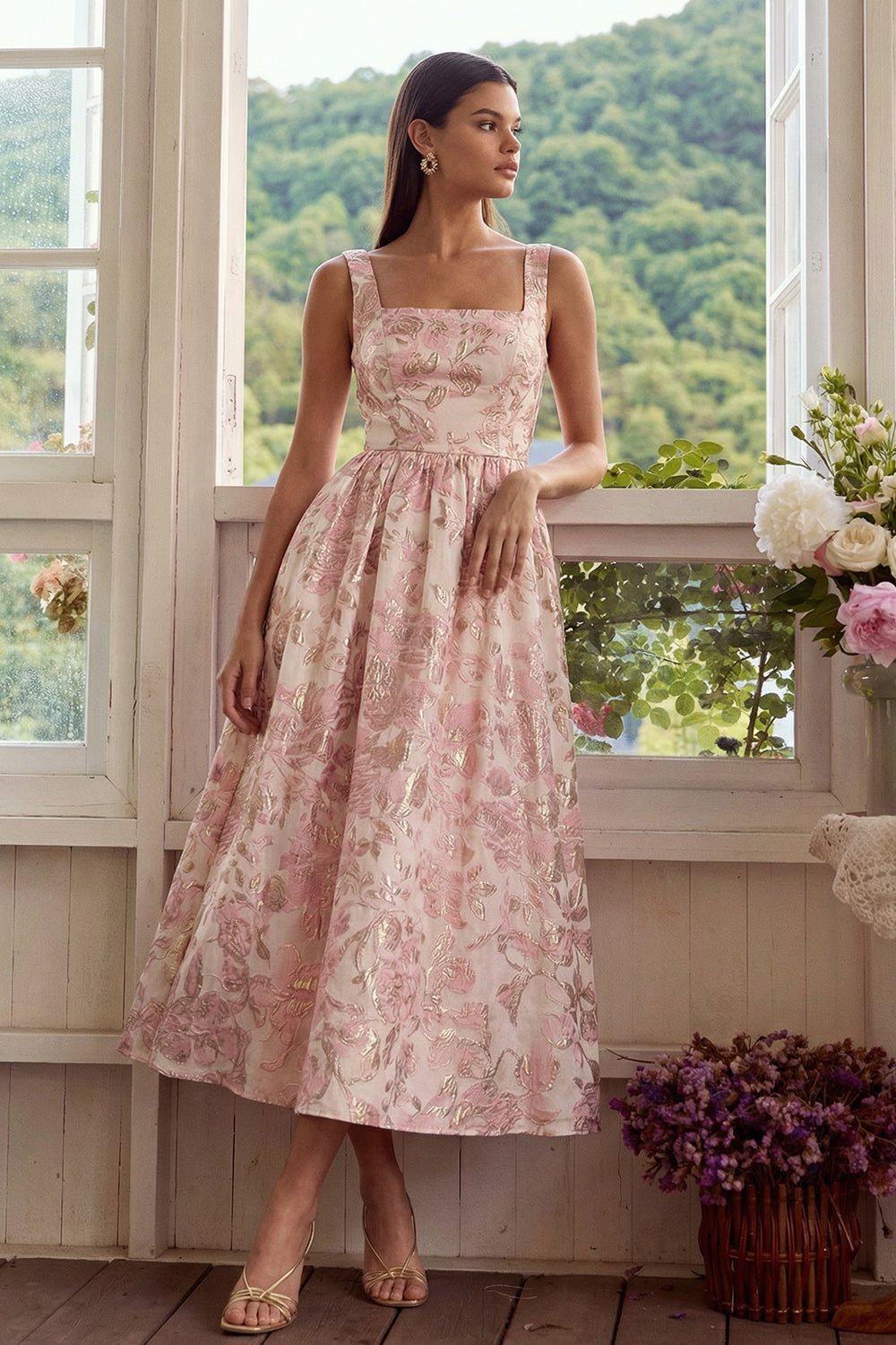 Blush Floral A Line Square Neck Brocade Wedding Guest Dress