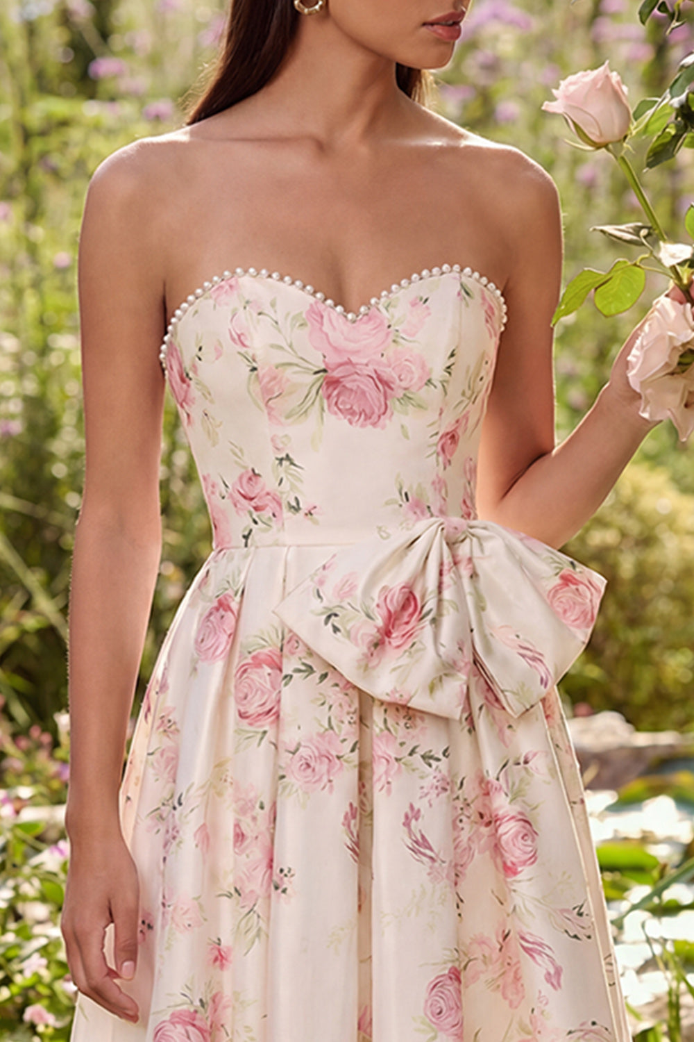 Pink Floral Strapless Bowed A Line Wedding Guest Dress