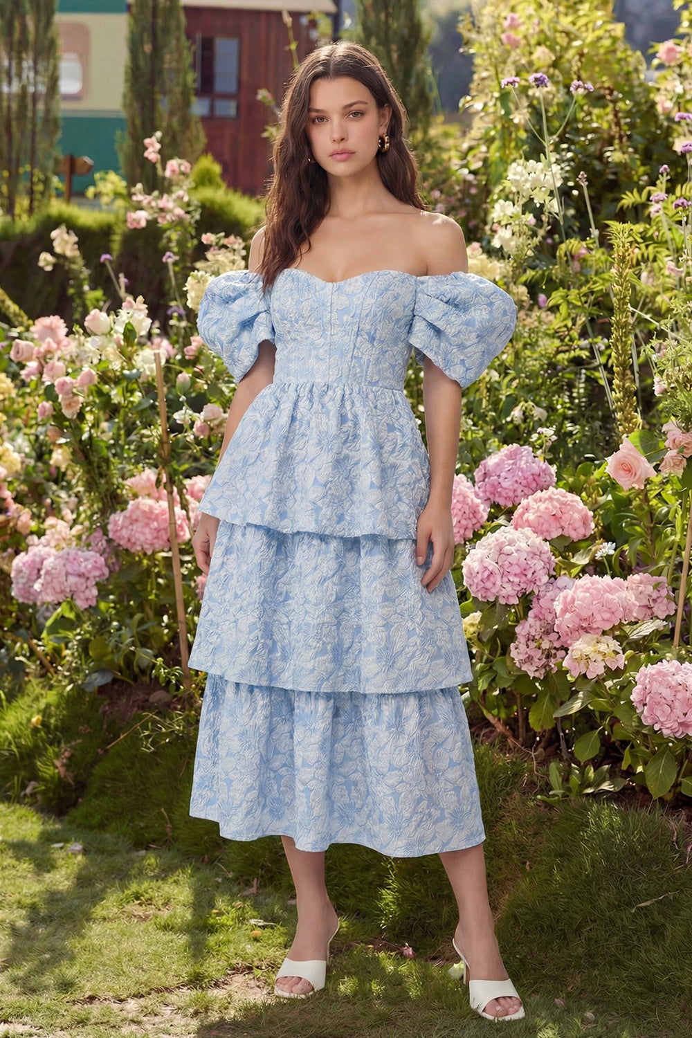Blue Tiered Floral Off the Shoulder Wedding Guest Dress
