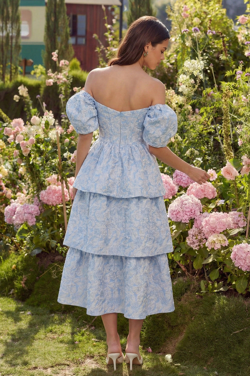 Blue Tiered Floral Off the Shoulder Wedding Guest Dress