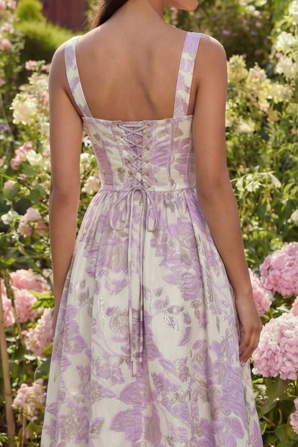 Purple Floral A Line Brocade Corset Wedding Guest Dress