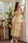 Off the Shoulder Tiered Yellow Floral Ruched Wedding Guest Dress