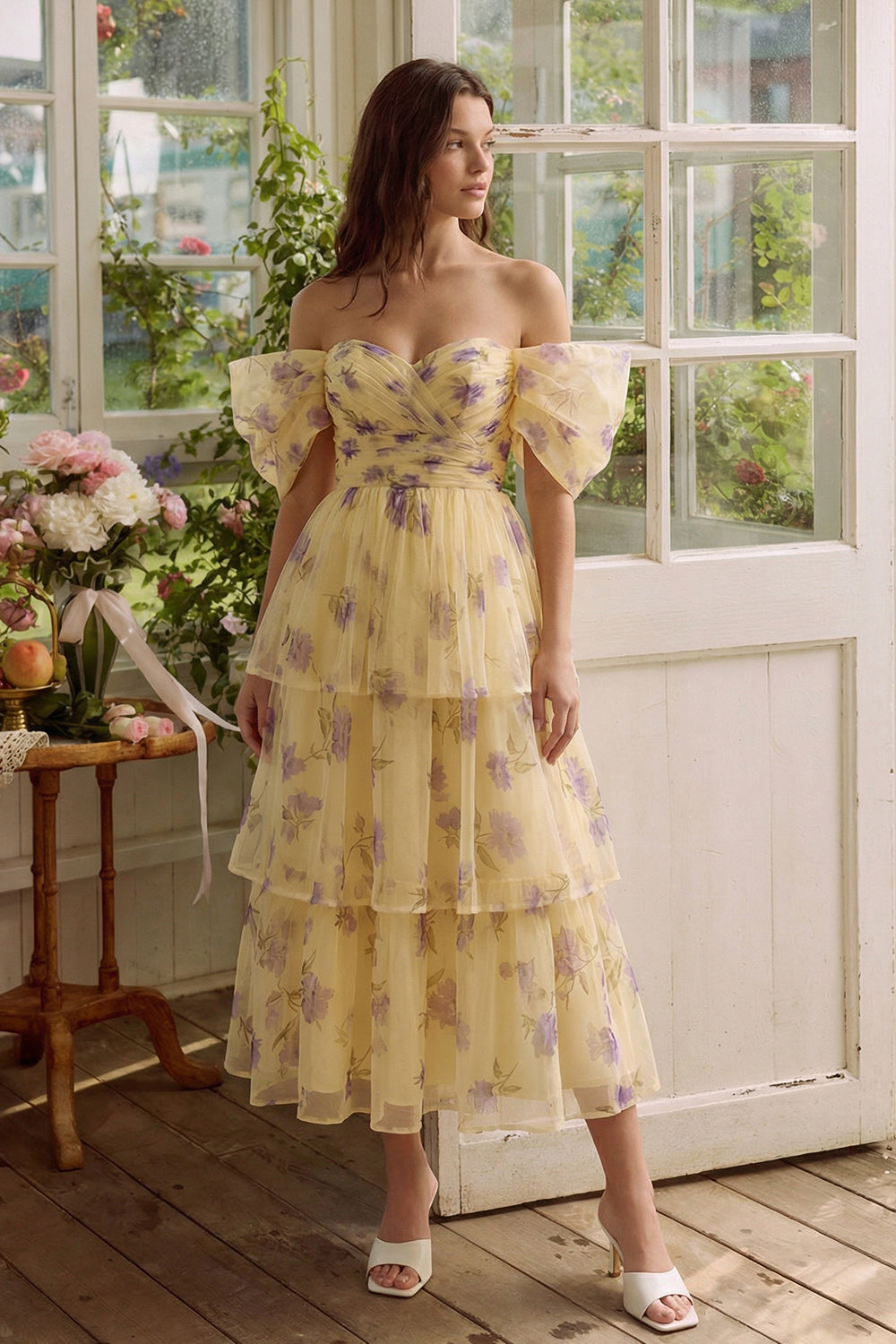 Off the Shoulder Tiered Yellow Floral Ruched Wedding Guest Dress