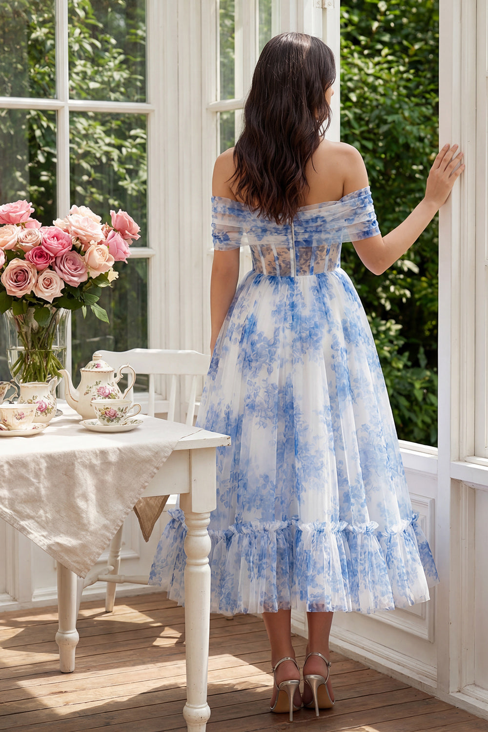 Blue Floral Off the Shoulder Corset A Line Wedding Guest Dress