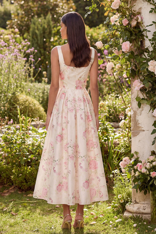 White Floral Square Neck A Line Bowed Wedding Guest Dress