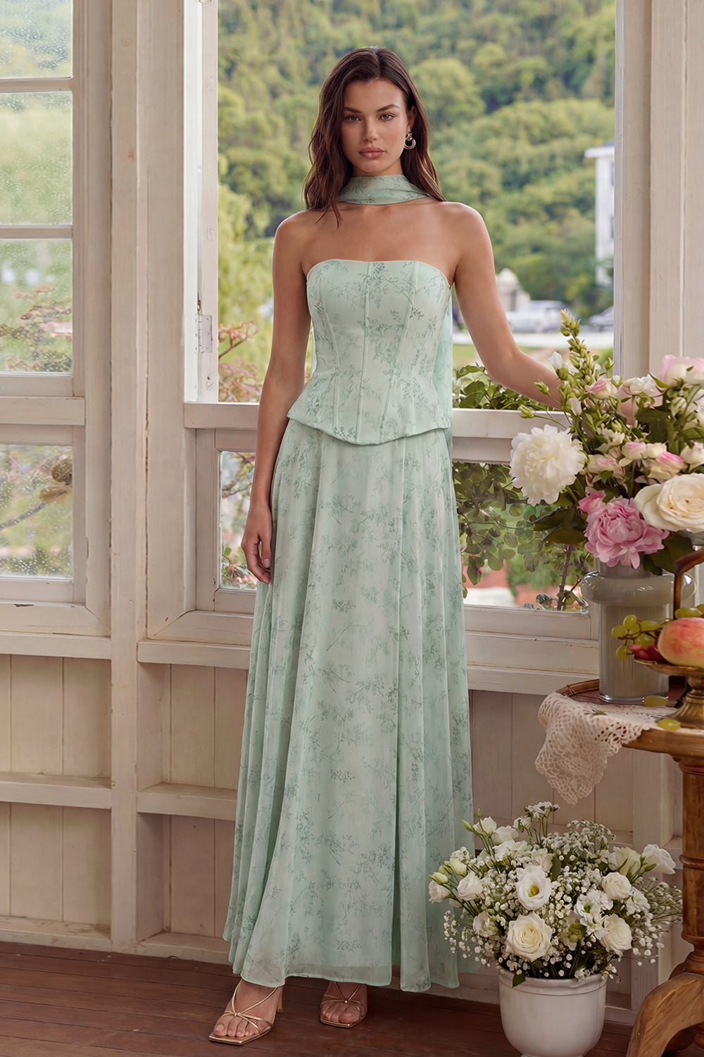 3 Piece Strapless Corset Dusty Sage Floral Wedding Guest Dress