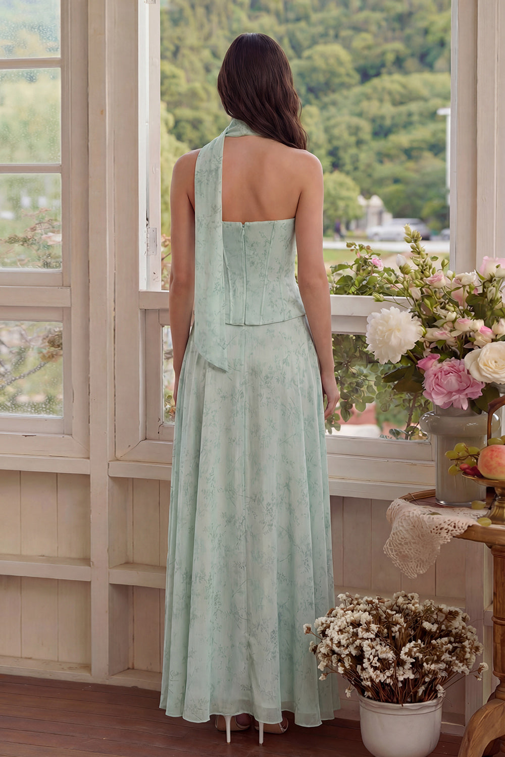 3 Piece Strapless Corset Dusty Sage Floral Wedding Guest Dress