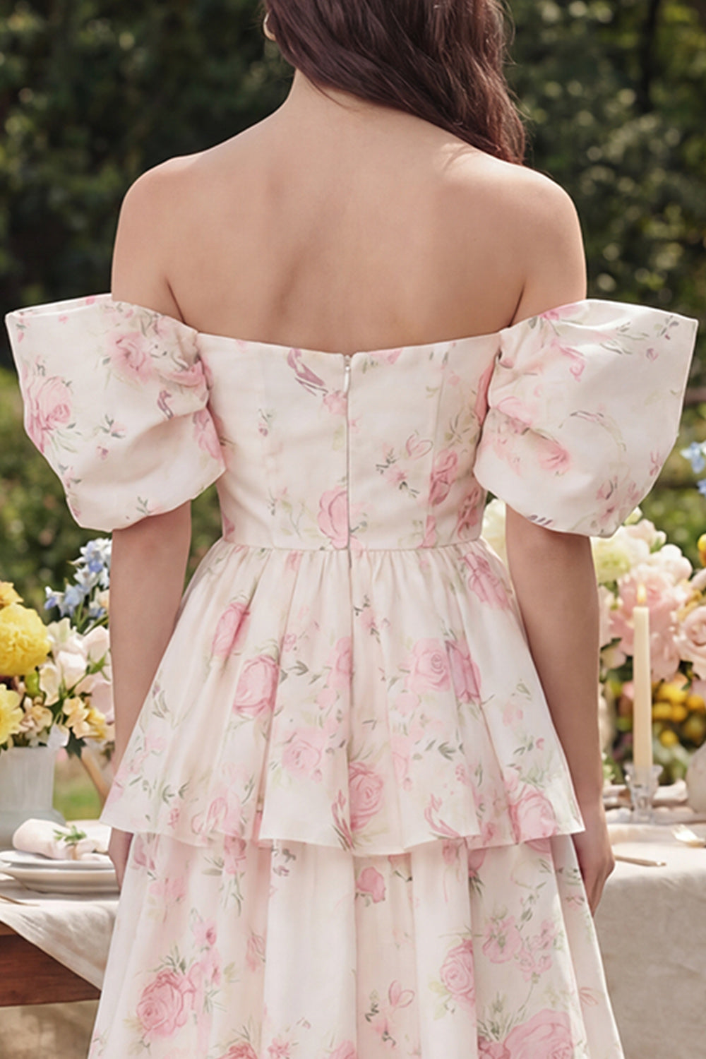 White Floral Off the Shoulder Tiered Wedding Guest Dress