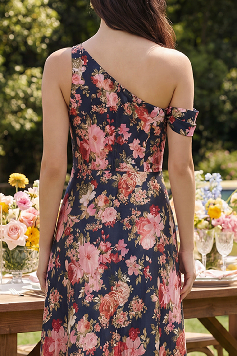 A Line Asymmetrical Neck Pink Floral Wedding Guest Dress