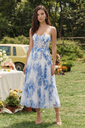 Blue Floral Corset A Line Midi Wedding Guest Dress
