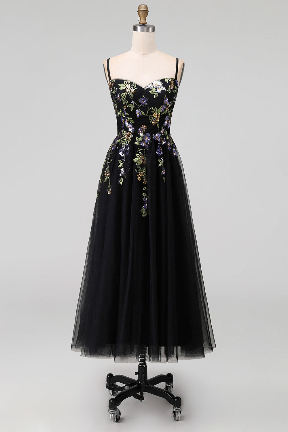 Black Embroidered Tulle A Line Midi Wedding Guest Dress