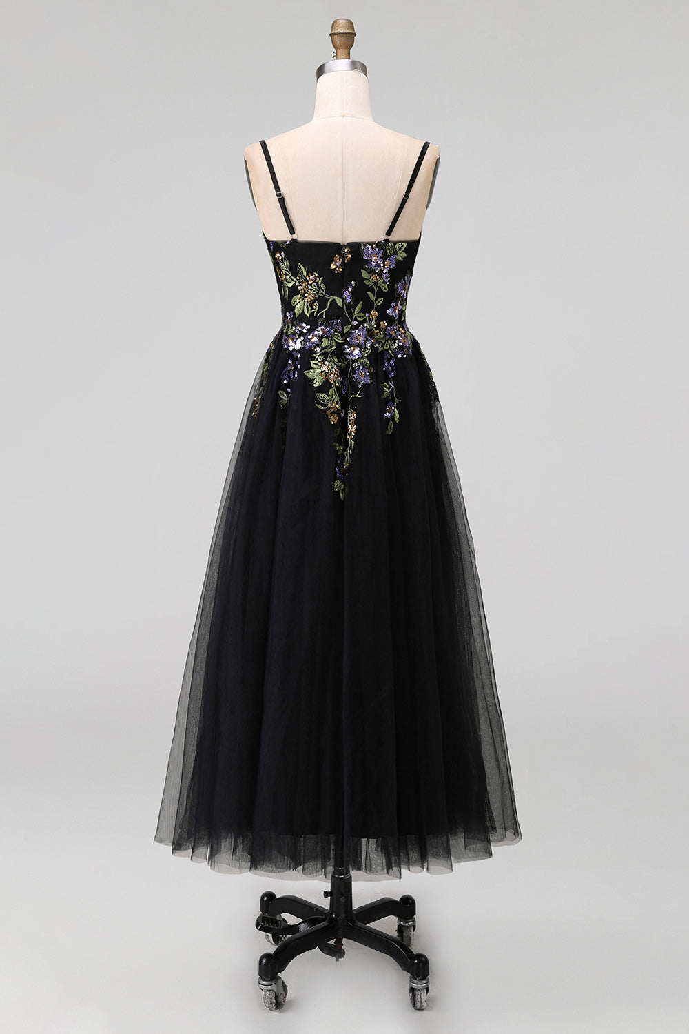 Black Embroidered Tulle A Line Midi Wedding Guest Dress