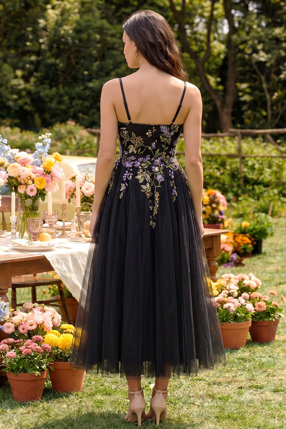 Black Embroidered Tulle A Line Midi Wedding Guest Dress