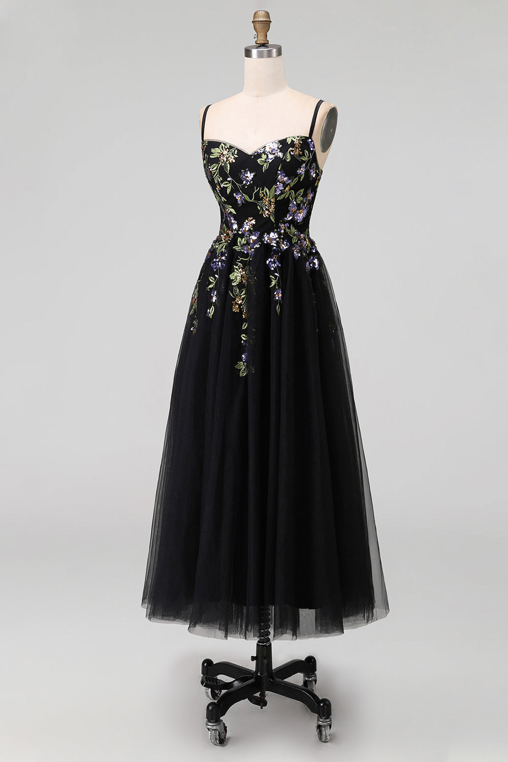 Black Embroidered Tulle A Line Midi Wedding Guest Dress