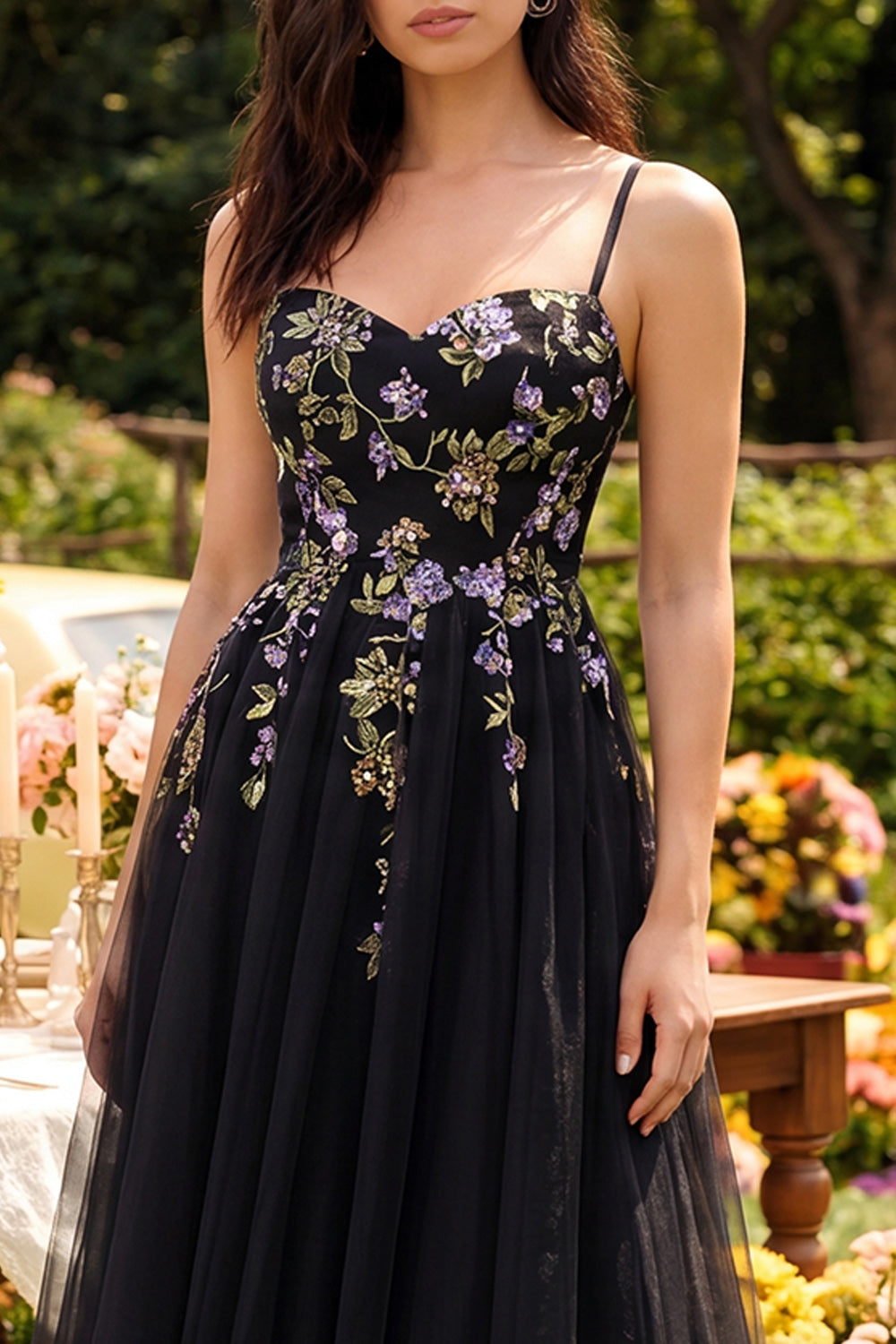 Black Embroidered Tulle A Line Midi Wedding Guest Dress
