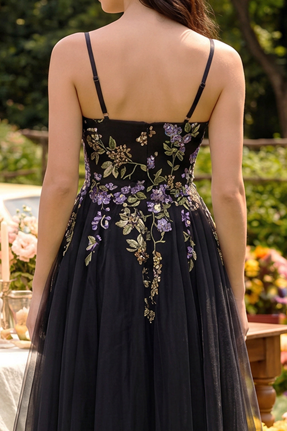 Black Embroidered Tulle A Line Midi Wedding Guest Dress