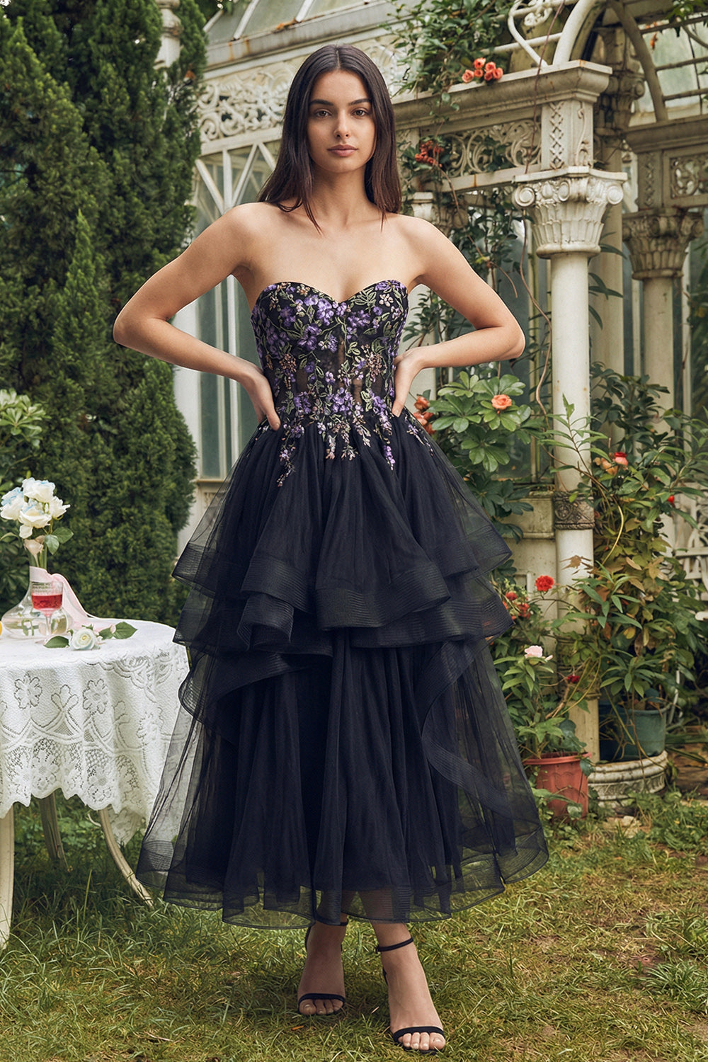 Black Embroidered Strapless A Line Wedding Guest Dress