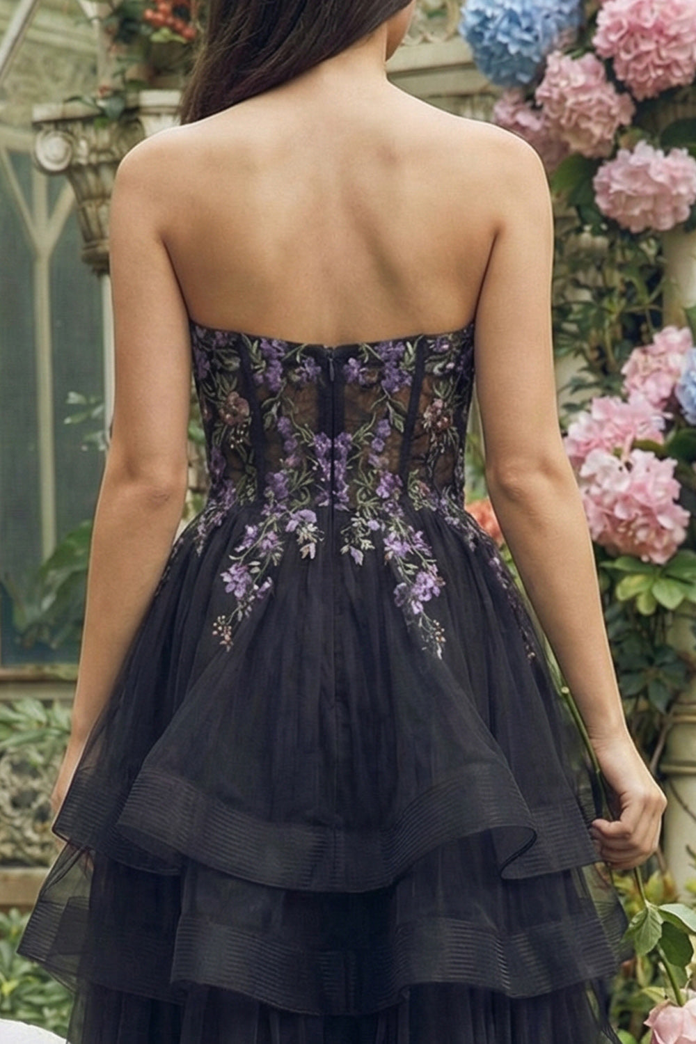 Black Embroidered Strapless A Line Wedding Guest Dress