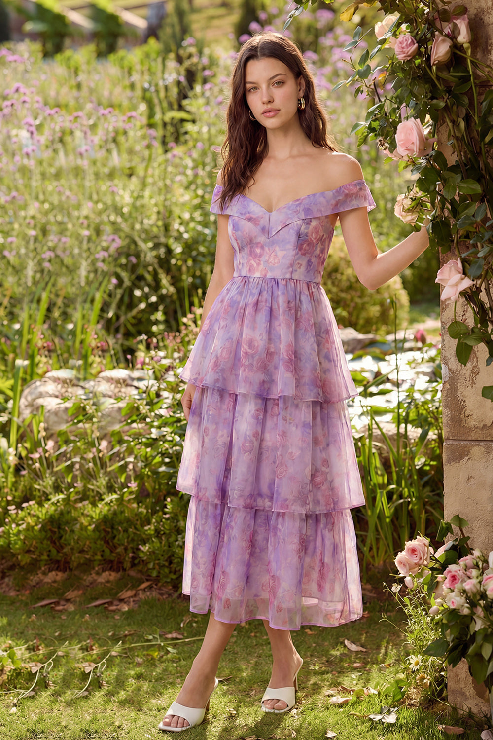 Off the Shoulder Floral Purple Tiered Wedding Guest Dress