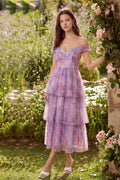 Off the Shoulder Floral Purple Tiered Wedding Guest Dress