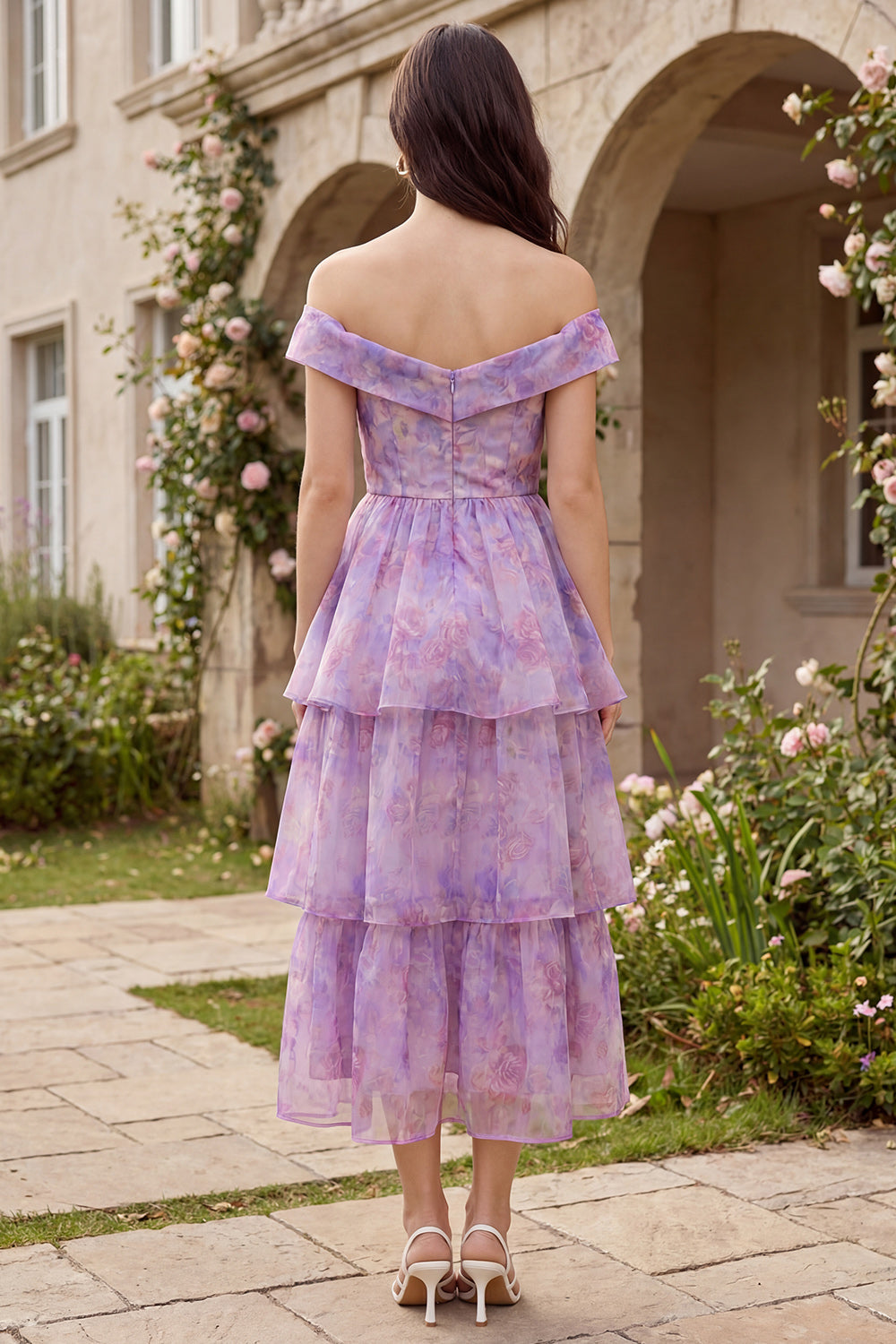 Off the Shoulder Floral Purple Tiered Wedding Guest Dress