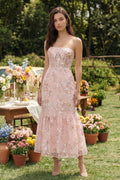 Pink Floral Strapless Appliqued Corset Wedding Guest Dress