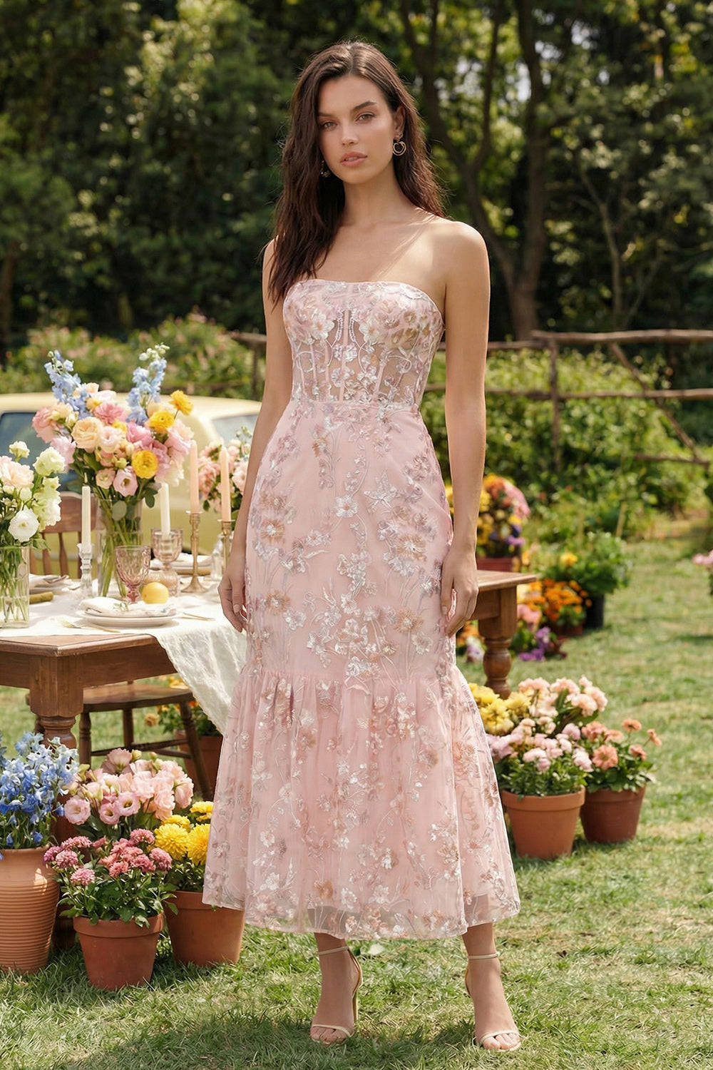 Pink Floral Strapless Appliqued Corset Wedding Guest Dress