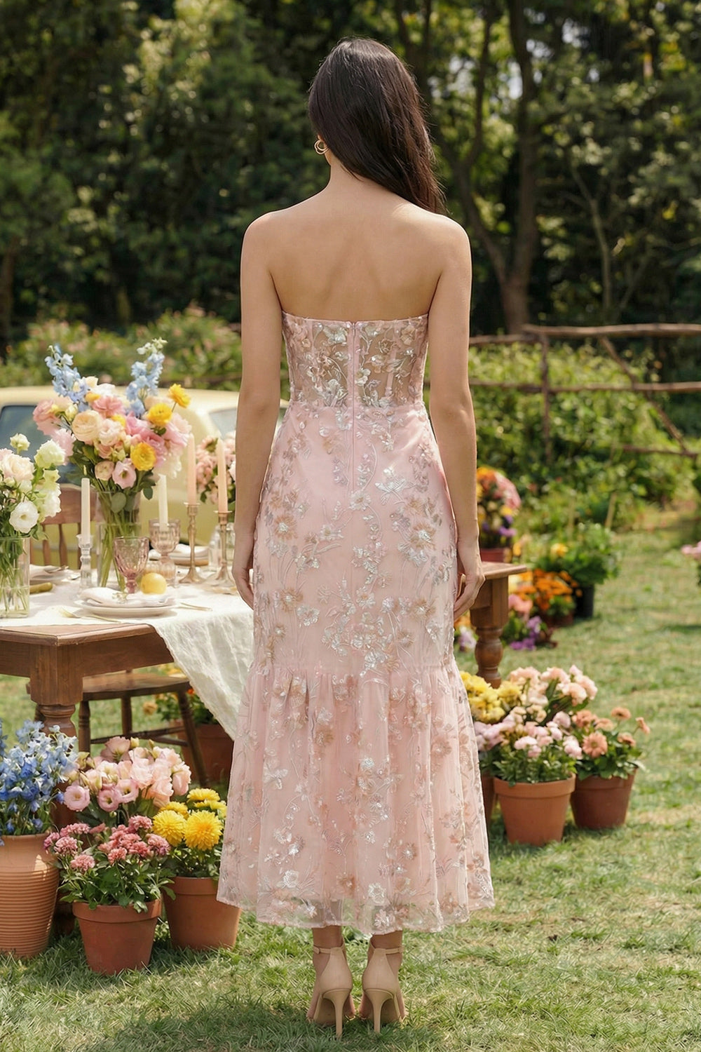 Pink Floral Strapless Appliqued Corset Wedding Guest Dress