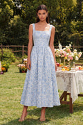 Blue Floral A Line Square Neck Wedding Guest Dress