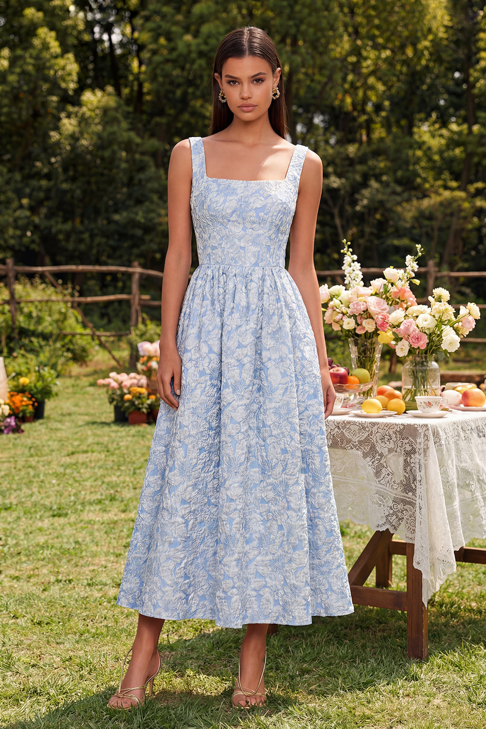 Blue Floral A Line Square Neck Wedding Guest Dress