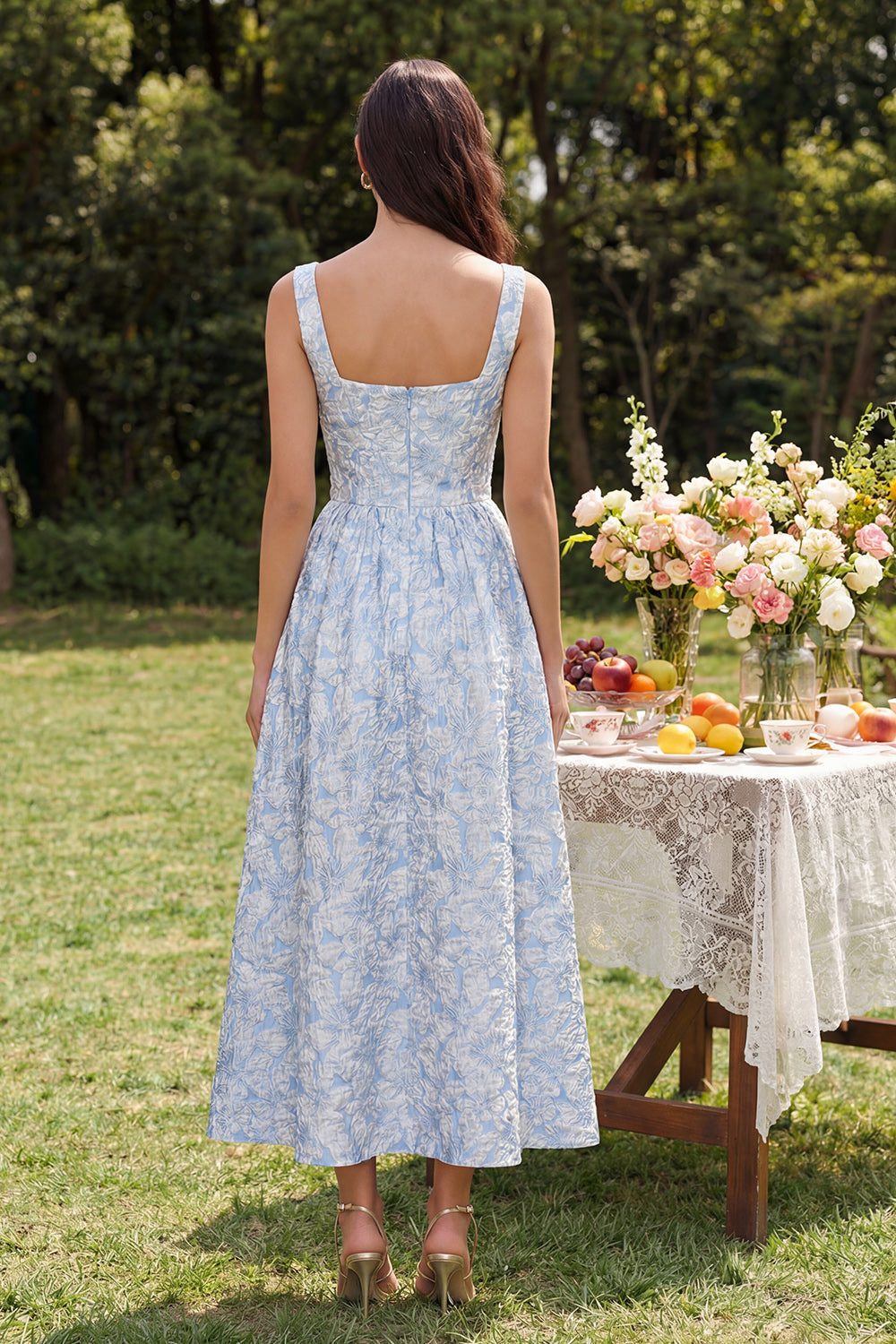 Blue Floral A Line Square Neck Wedding Guest Dress