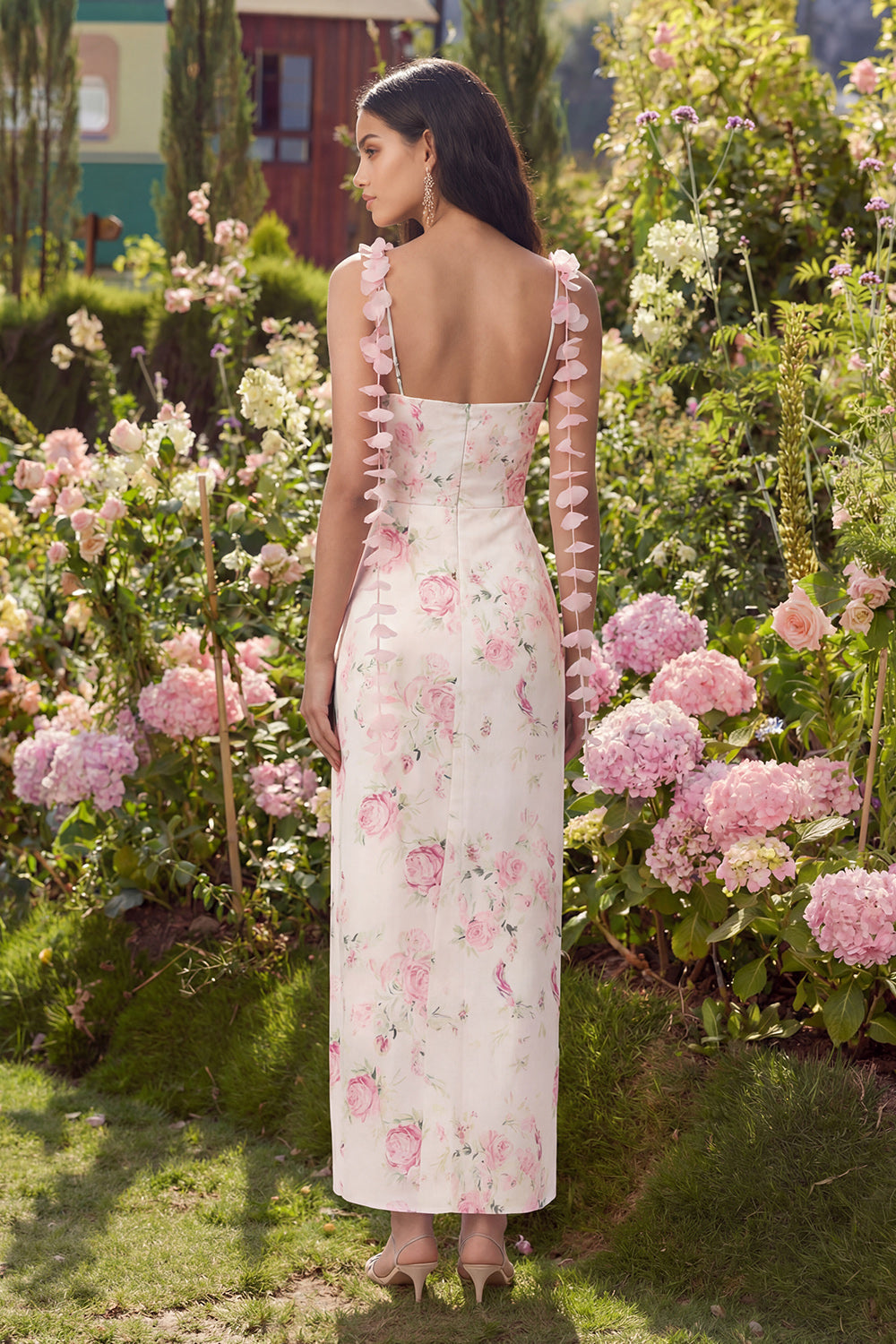 White Floral Printed Wedding Guest Dress with Slit