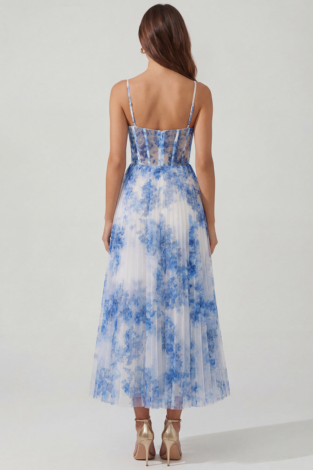 Blue Floral Ruched Corset A Line Wedding Guest Dress