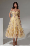 Off the Shoulder Yellow Floral Ruched A Line Wedding Guest Dress