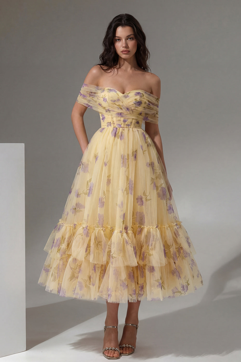 Off the Shoulder Yellow Floral Ruched A Line Wedding Guest Dress
