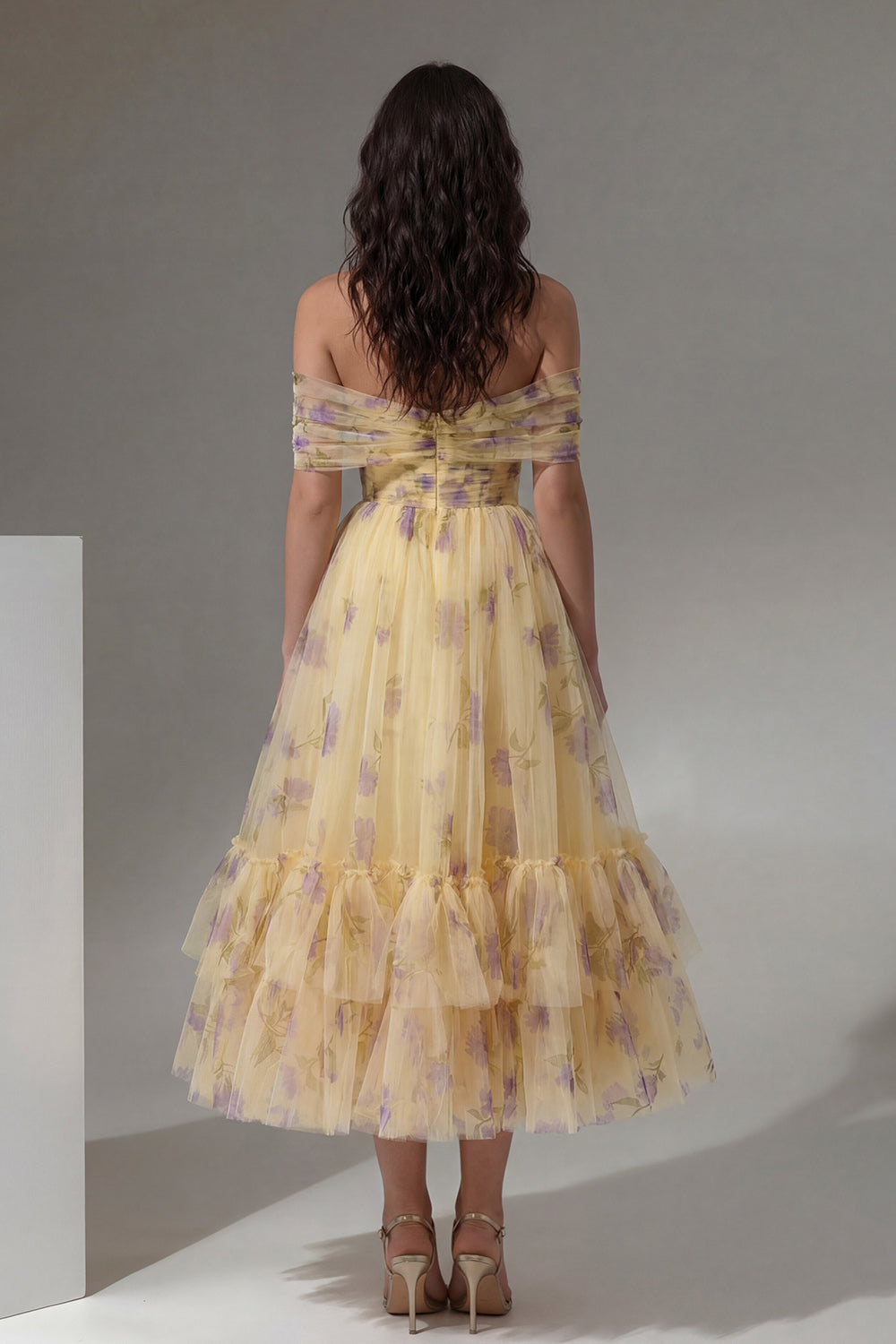 Off the Shoulder Yellow Floral Ruched A Line Wedding Guest Dress