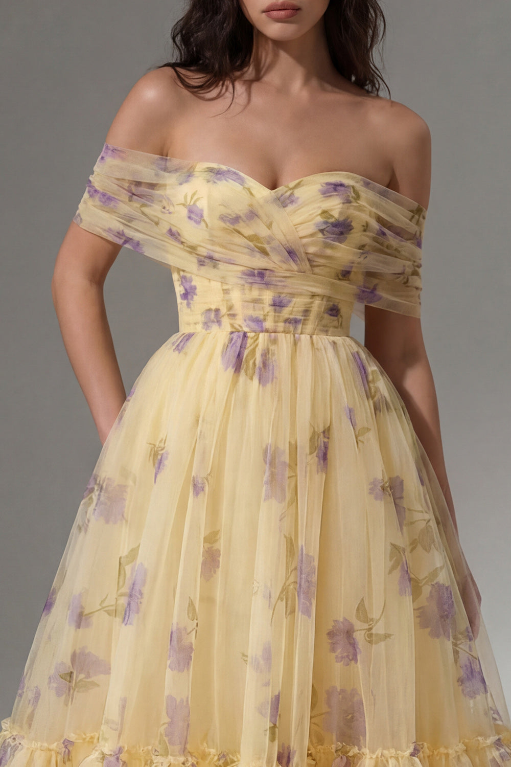 Off the Shoulder Yellow Floral Ruched A Line Wedding Guest Dress