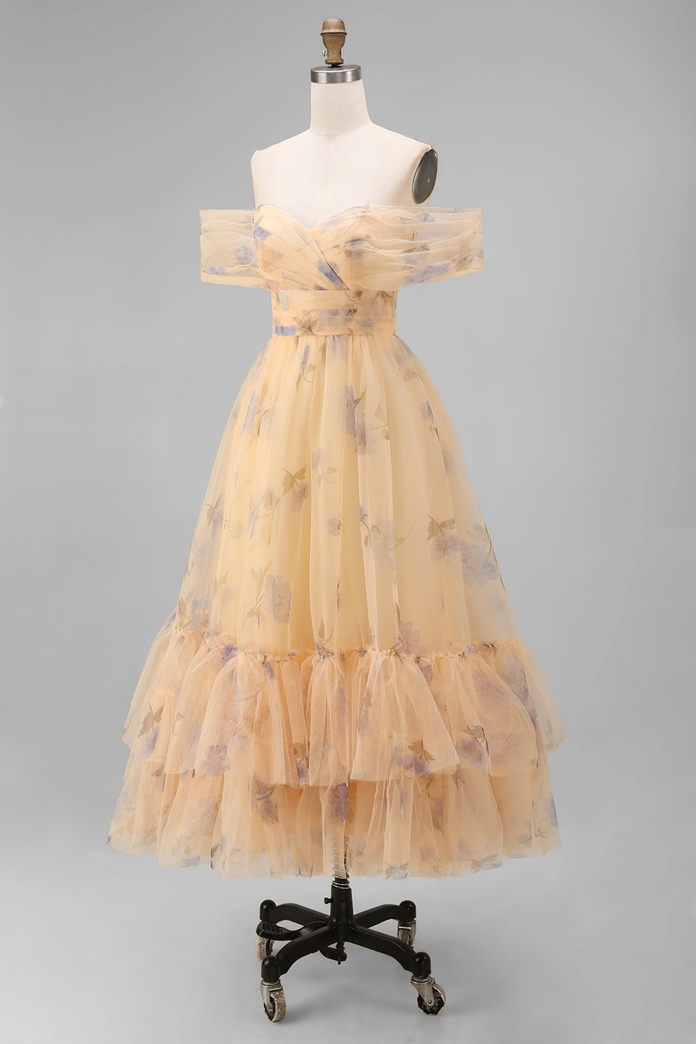 Off the Shoulder Yellow Floral Ruched A Line Wedding Guest Dress