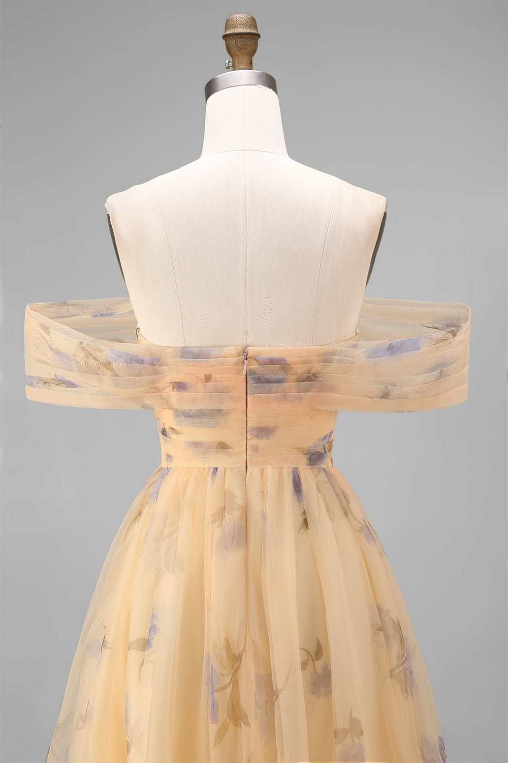 Off the Shoulder Yellow Floral Ruched A Line Wedding Guest Dress