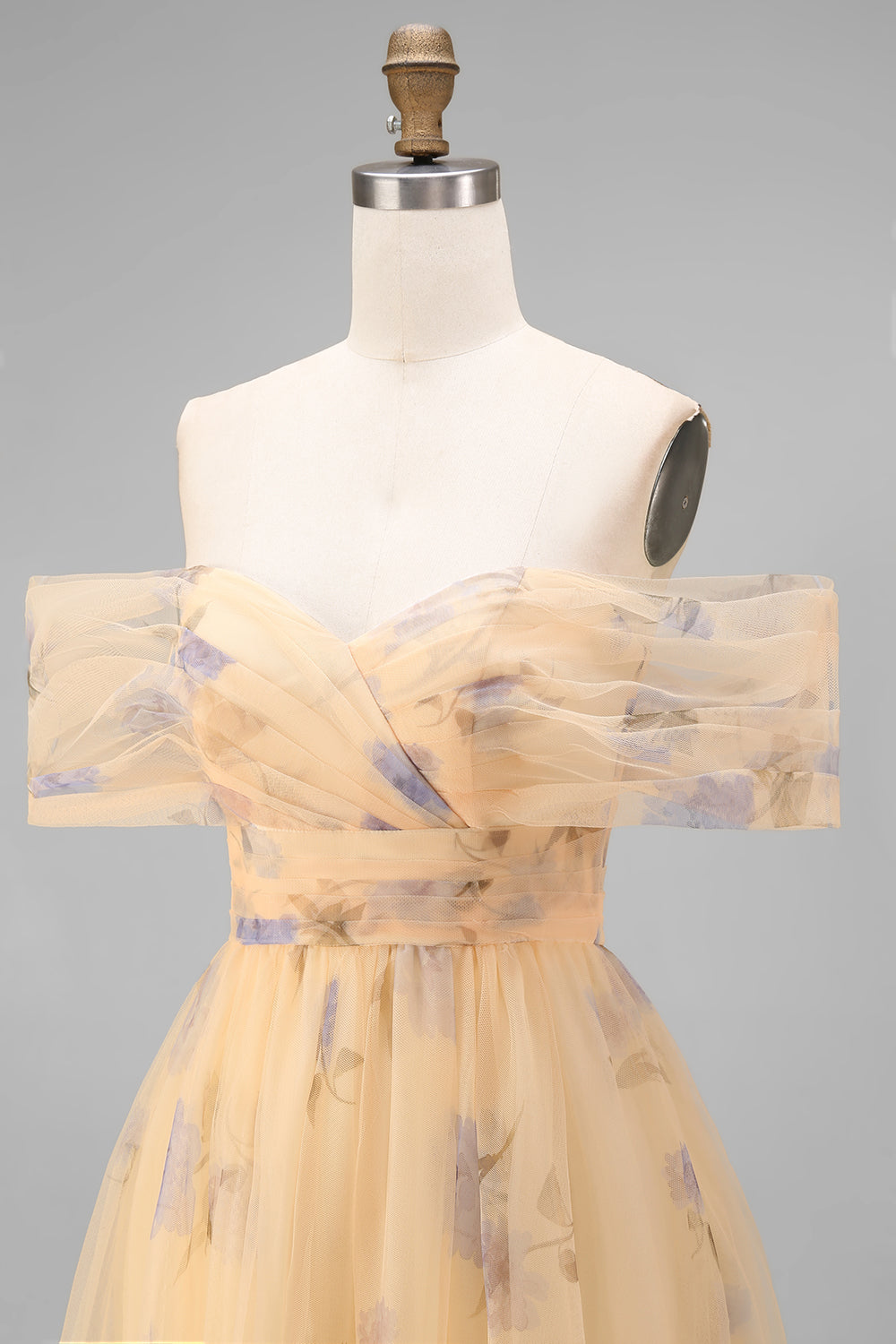 Off the Shoulder Yellow Floral Ruched A Line Wedding Guest Dress