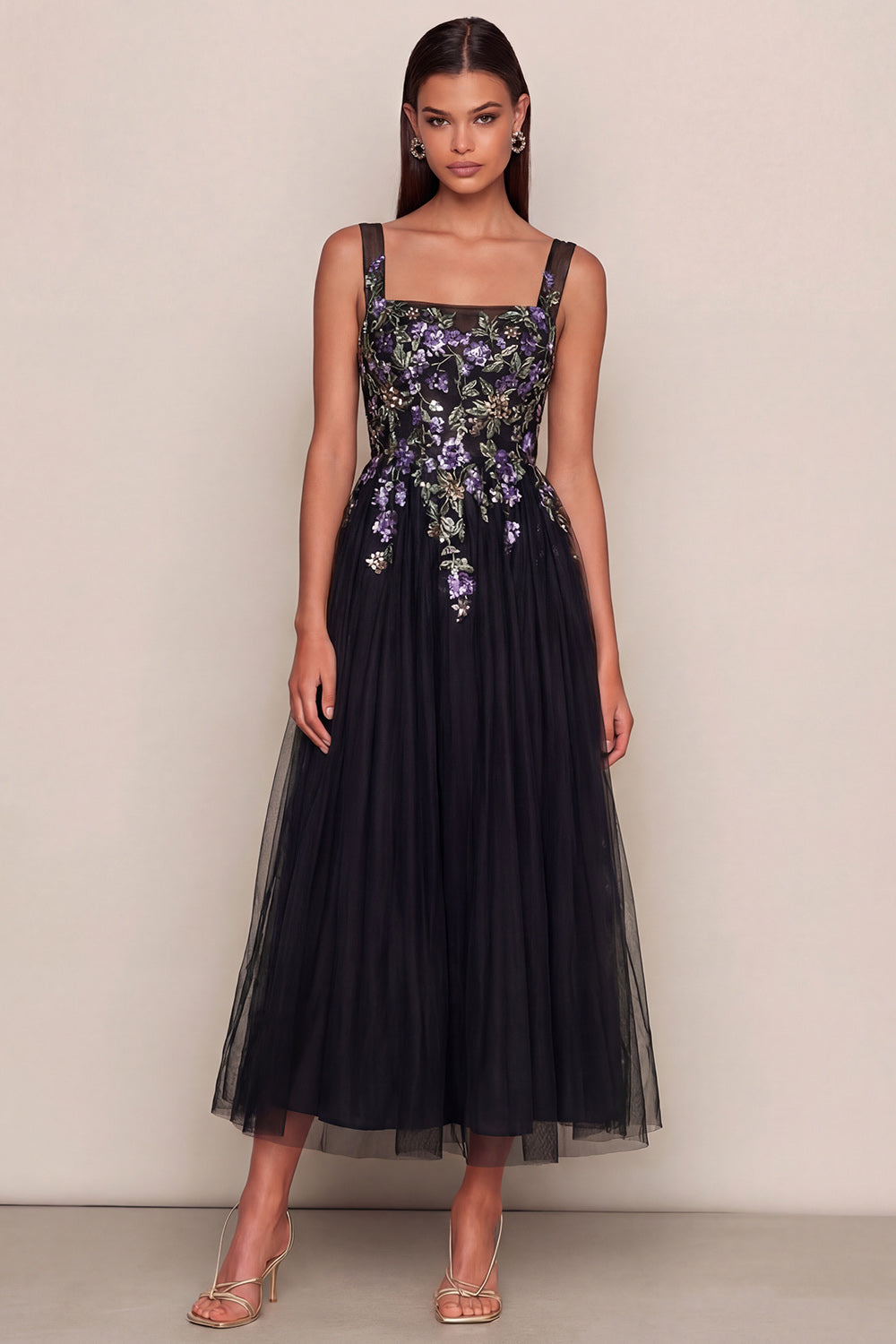 Black Appliqued Sequin Tulle A Line Wedding Guest Dress